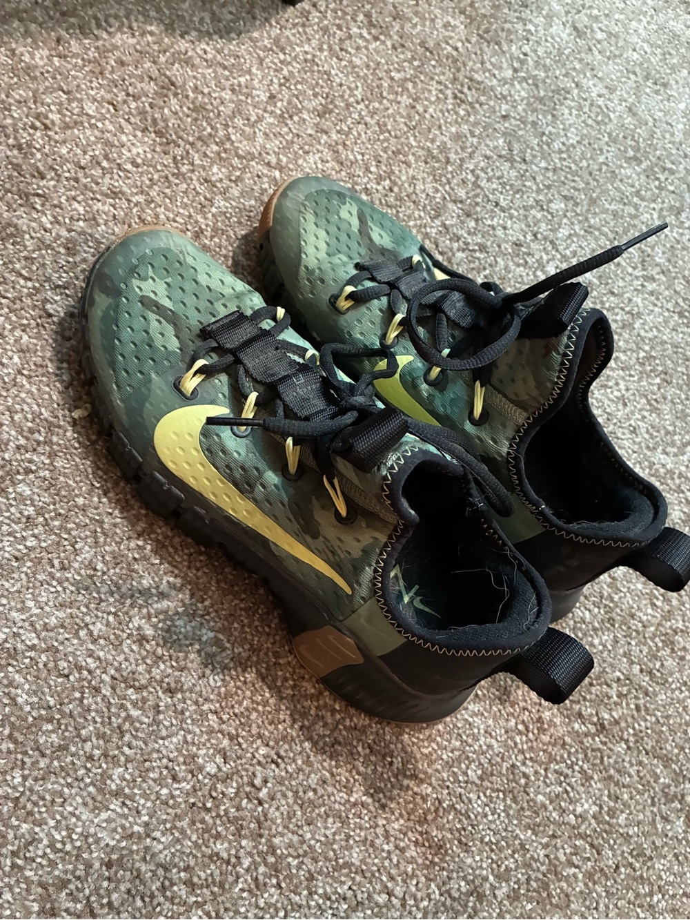 Nike Green Camo Athletic Sneakers with Yellow Swoosh